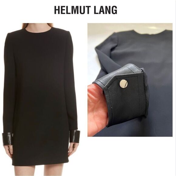 HELMUT LANG NWOT Shift Black MINI Dress Viscose XSmall Leather Cuff Crepe - Picture 1 of 11